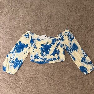 Sugarlips Cream and Blue Floral Off-Shoulder Blouse